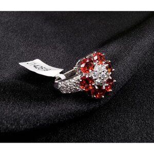 Sterling Silver 925 Red Ruby Floral Cluster Ring With White Accents Size 6.5